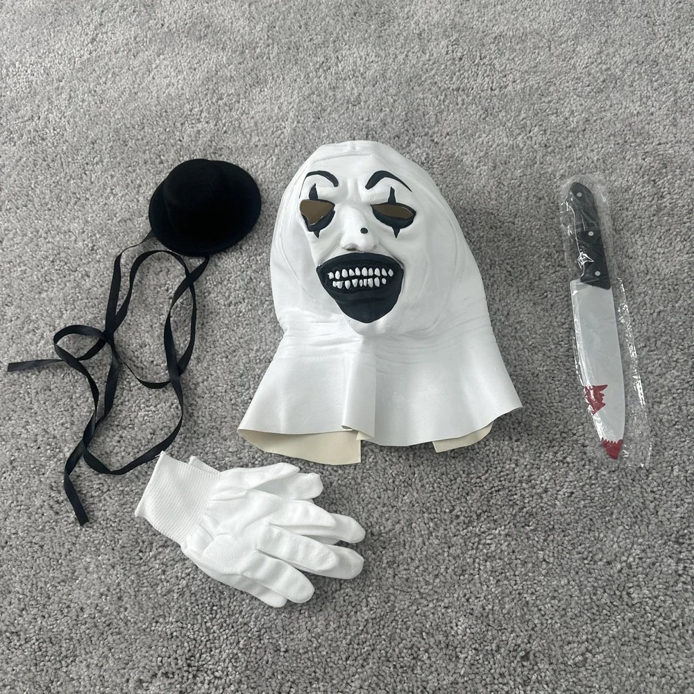 Terrifier Art The Clown Cosplay Mask Halloween Black Hat, Gloves, Knife